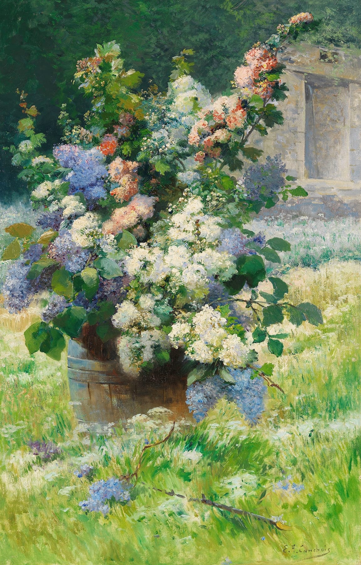 Lilac branches and hollyhocks painting from around 1900 by Eugène Henri Cauchois who is French born 1850 died 1911
